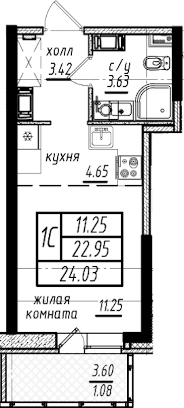 Квартира студия 24.03 м², 14/25 эт., ЖК «Северная Долина»